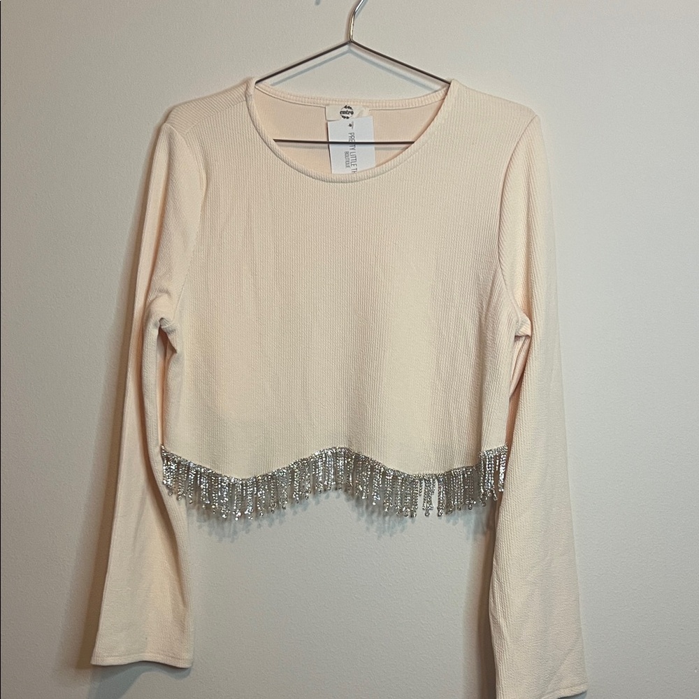 Entro Cream Long Sleeve Top with Silver Fringe NWT